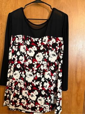 Lane Bryant Black Red White Floral Mixed-Media Blouse